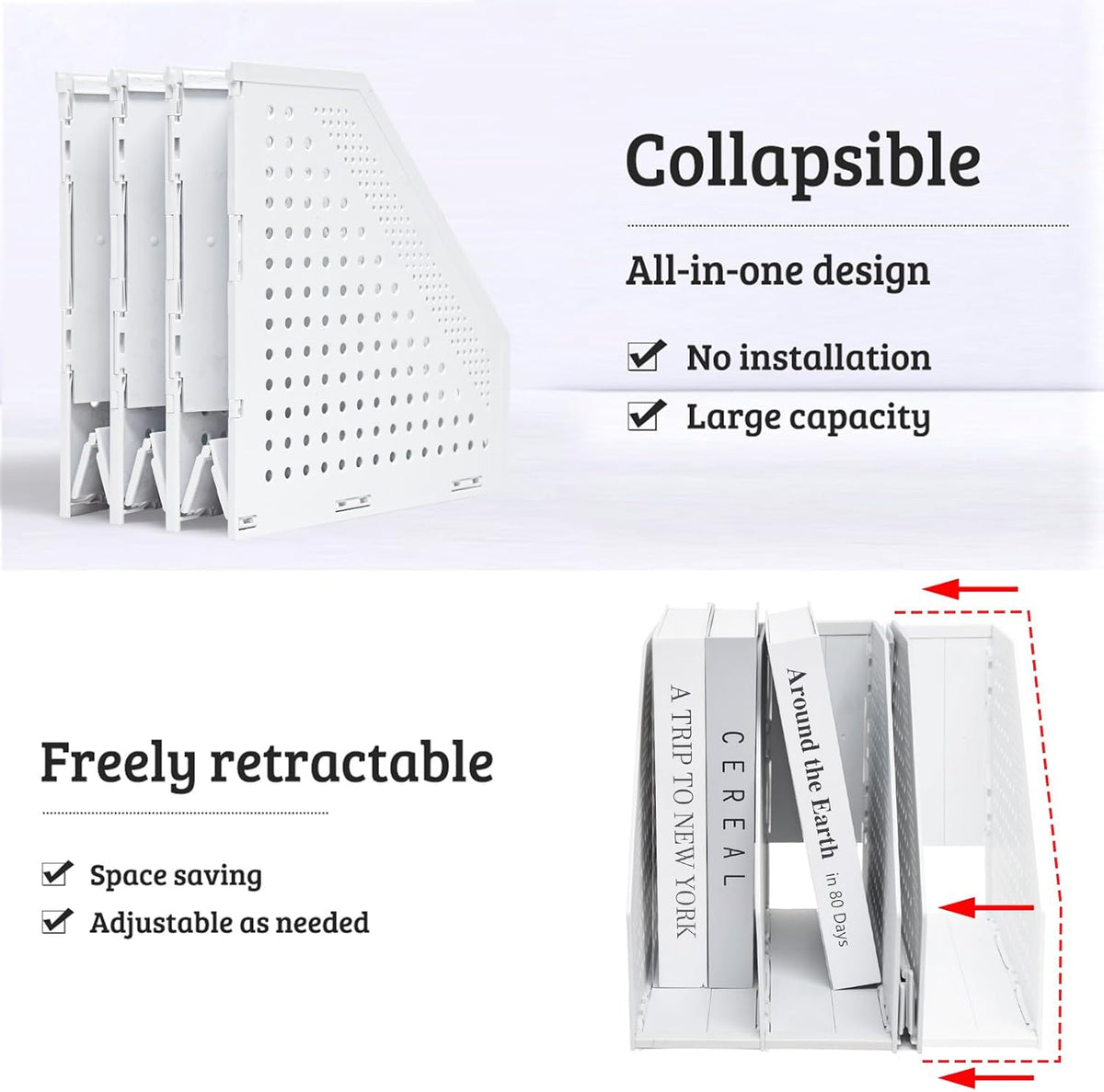 Collapsible Plastic Magazine File Holder Vertical Binder Storage Organizer for Desk Sturdy Upright Desktop Magazine Organizer Folder Rack for Office School Home (3 Compartments, Black)