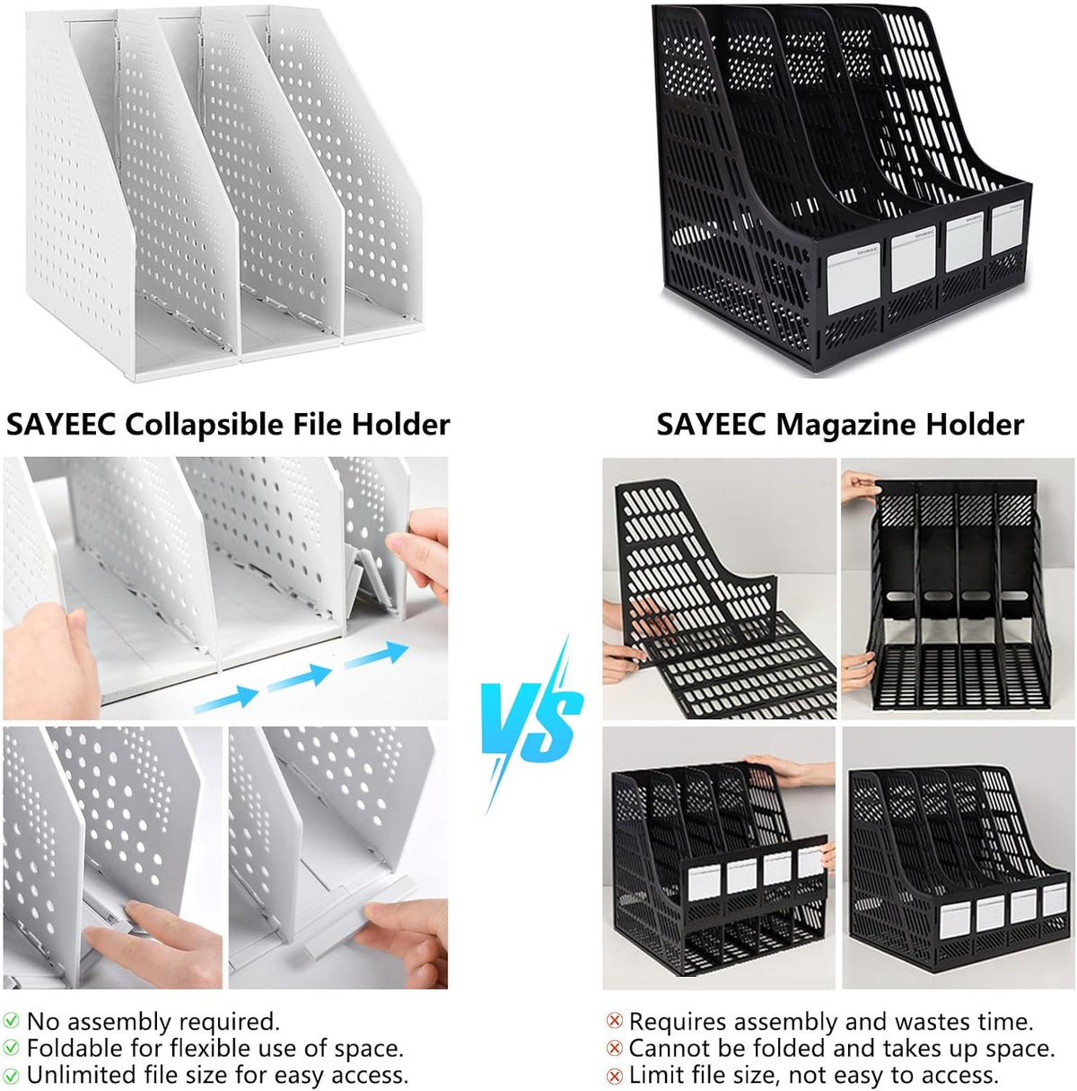 Collapsible Plastic Magazine File Holder Vertical Binder Storage Organizer for Desk Sturdy Upright Desktop Magazine Organizer Folder Rack for Office School Home (3 Compartments, Black)