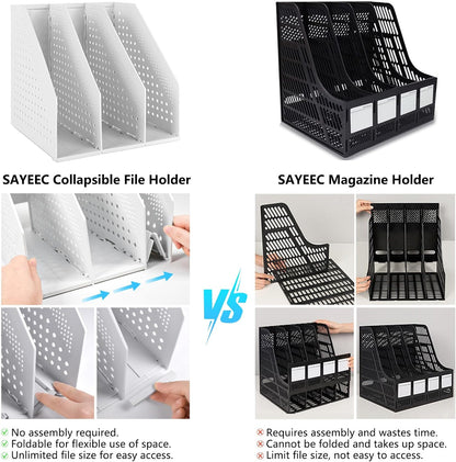 Collapsible Plastic Magazine File Holder Vertical Binder Storage Organizer for Desk Sturdy Upright Desktop Magazine Organizer Folder Rack for Office School Home (3 Compartments, Black)