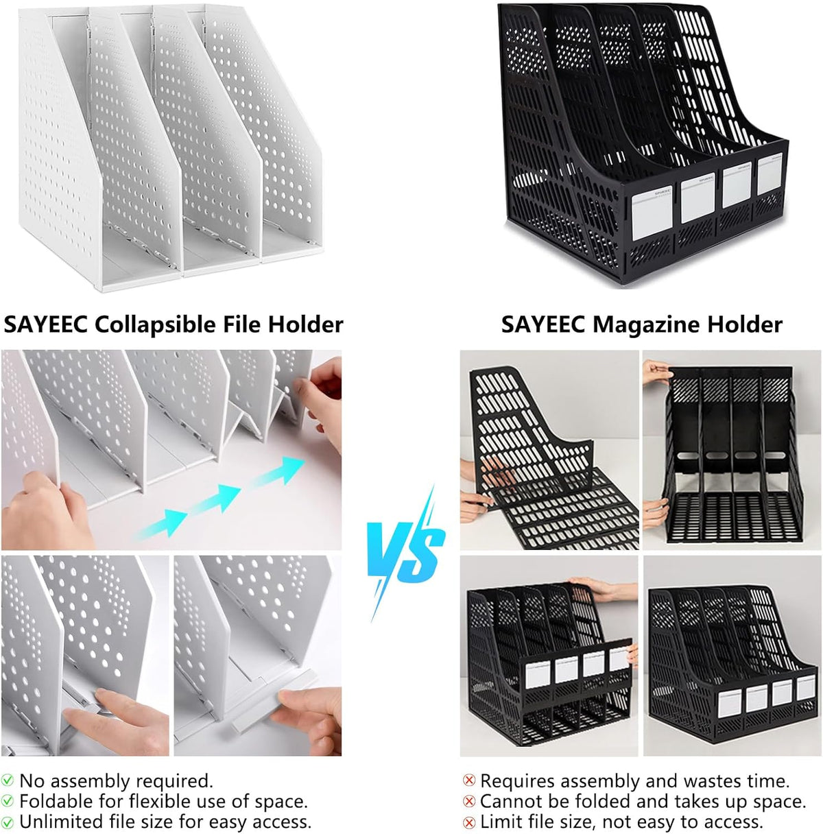 Collapsible Plastic Magazine File Holder Vertical Binder Storage Organizer for Desk Sturdy Upright Desktop Magazine Organizer Folder Rack for Office School Home (3 Compartments, Black)