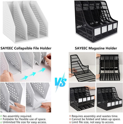 Collapsible Plastic Magazine File Holder Vertical Binder Storage Organizer for Desk Sturdy Upright Desktop Magazine Organizer Folder Rack for Office School Home (3 Compartments, Black)