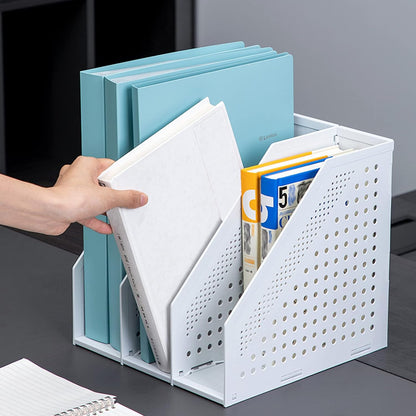 Collapsible Plastic Magazine File Holder Vertical Binder Storage Organizer for Desk Sturdy Upright Desktop Magazine Organizer Folder Rack for Office School Home (3 Compartments, Black)