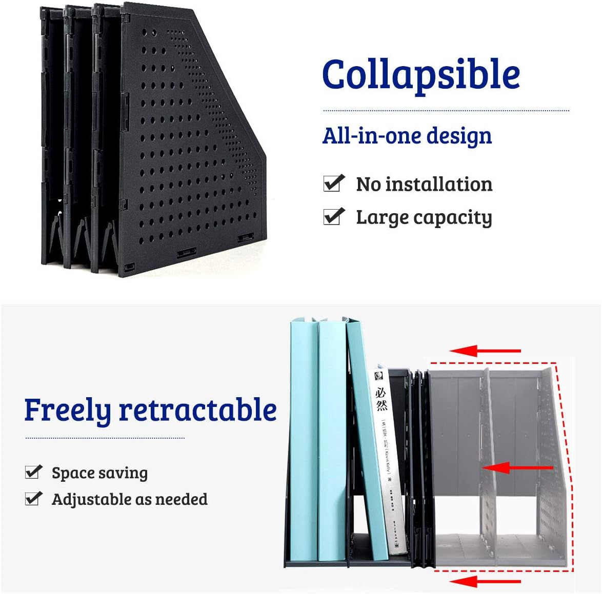Collapsible Plastic Magazine File Holder Vertical Binder Storage Organizer for Desk Sturdy Upright Desktop Magazine Organizer Folder Rack for Office School Home (3 Compartments, Black)