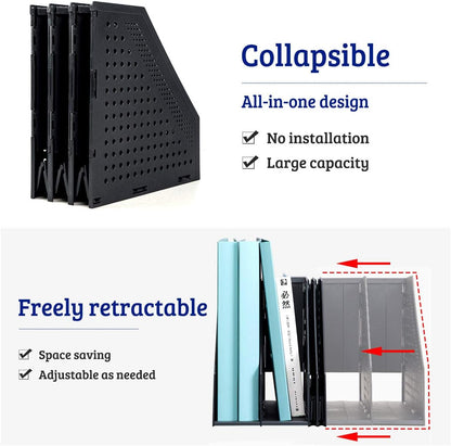 Collapsible Plastic Magazine File Holder Vertical Binder Storage Organizer for Desk Sturdy Upright Desktop Magazine Organizer Folder Rack for Office School Home (3 Compartments, Black)