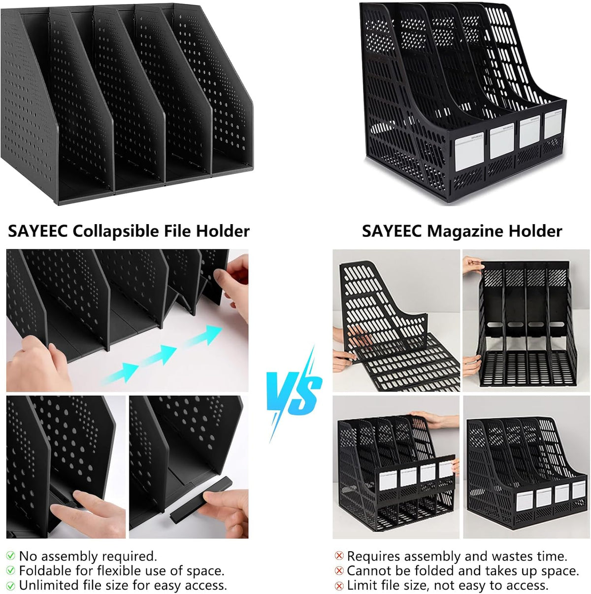 Collapsible Plastic Magazine File Holder Vertical Binder Storage Organizer for Desk Sturdy Upright Desktop Magazine Organizer Folder Rack for Office School Home (3 Compartments, Black)