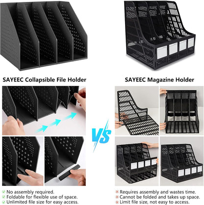 Collapsible Plastic Magazine File Holder Vertical Binder Storage Organizer for Desk Sturdy Upright Desktop Magazine Organizer Folder Rack for Office School Home (3 Compartments, Black)