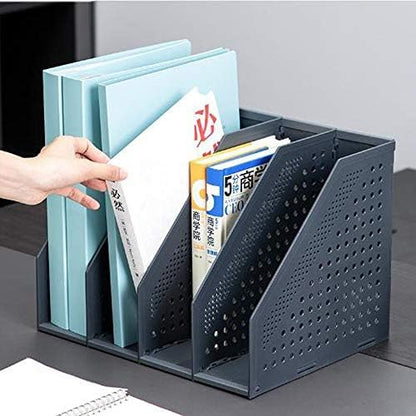 Collapsible Plastic Magazine File Holder Vertical Binder Storage Organizer for Desk Sturdy Upright Desktop Magazine Organizer Folder Rack for Office School Home (3 Compartments, Black)