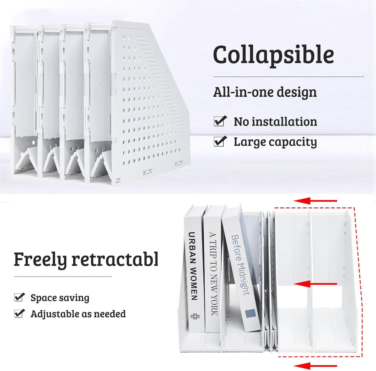 Collapsible Plastic Magazine File Holder Vertical Binder Storage Organizer for Desk Sturdy Upright Desktop Magazine Organizer Folder Rack for Office School Home (3 Compartments, Black)