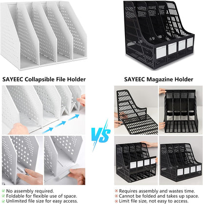 Collapsible Plastic Magazine File Holder Vertical Binder Storage Organizer for Desk Sturdy Upright Desktop Magazine Organizer Folder Rack for Office School Home (3 Compartments, Black)