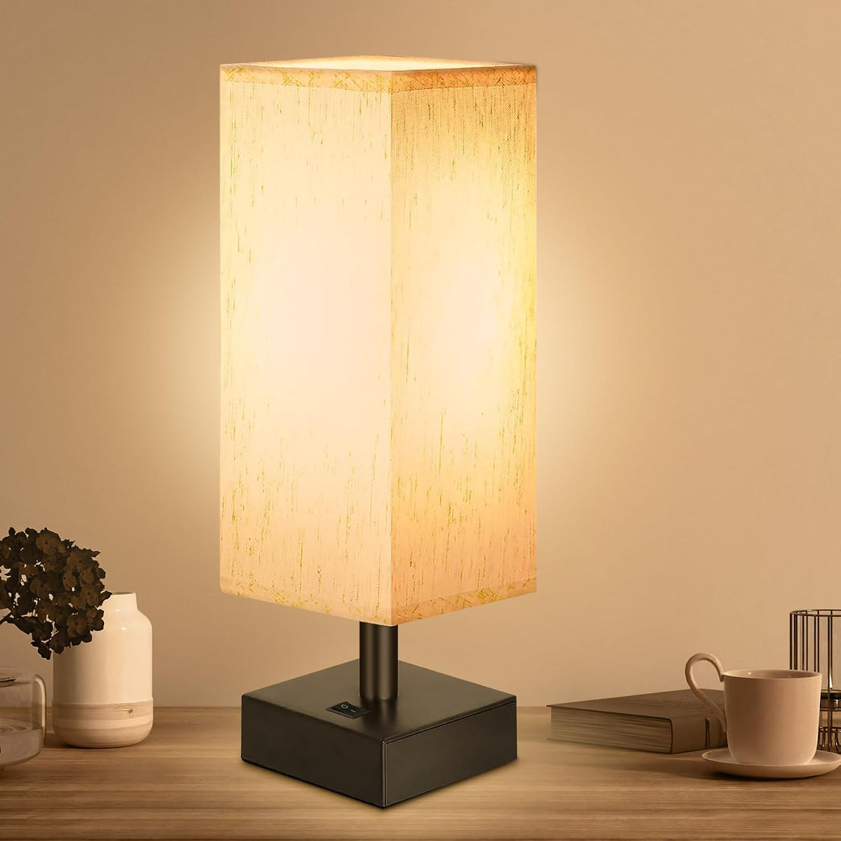 Small Lamp for Bedroom, Bedside Lamps for Night Stands, Mini Minimalist Table Lamp With Square Flaxen Fabric Shade, 11 Inch Desk Reading Lamp for Dorm Living Room Office