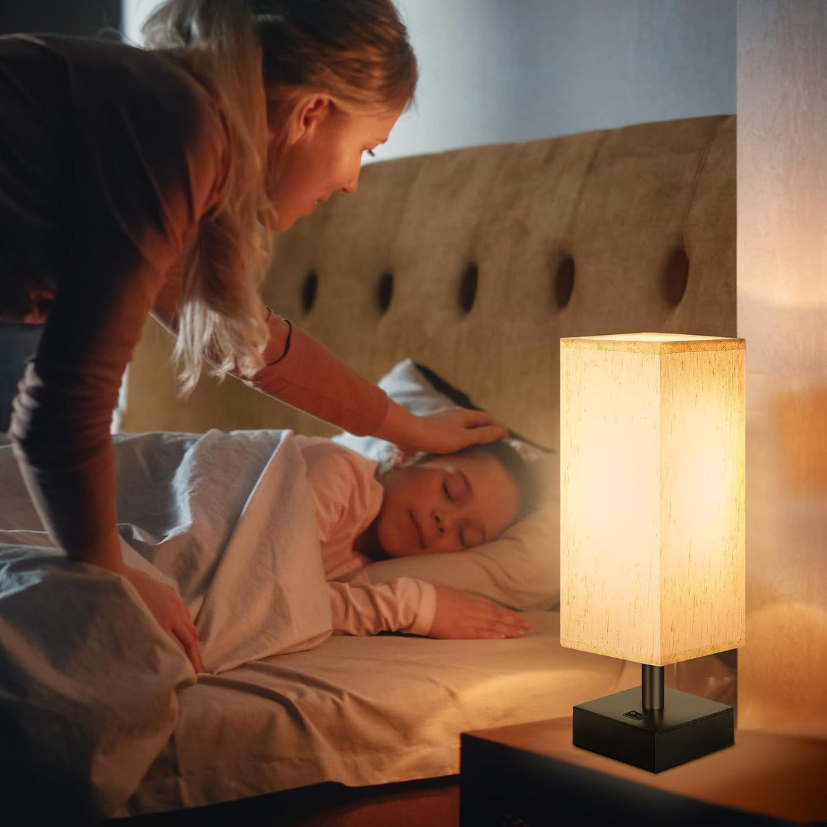 Small Lamp for Bedroom, Bedside Lamps for Night Stands, Mini Minimalist Table Lamp With Square Flaxen Fabric Shade, 11 Inch Desk Reading Lamp for Dorm Living Room Office