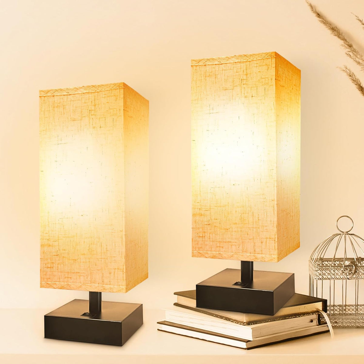 Small Lamp for Bedroom, Bedside Lamps for Night Stands, Mini Minimalist Table Lamp With Square Flaxen Fabric Shade, 11 Inch Desk Reading Lamp for Dorm Living Room Office
