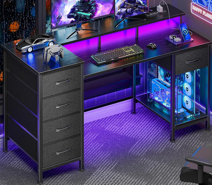 47 Inch Gaming Computer Desk with Power Outlets,LED,5 Drawers,Black