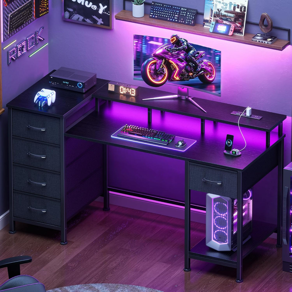 47 Inch Gaming Computer Desk with Power Outlets,LED,5 Drawers,Black
