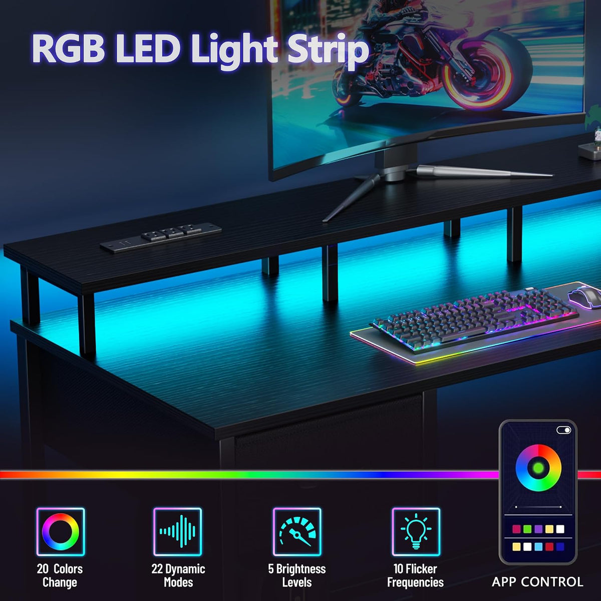 47 Inch Gaming Computer Desk with Power Outlets,LED,5 Drawers,Black