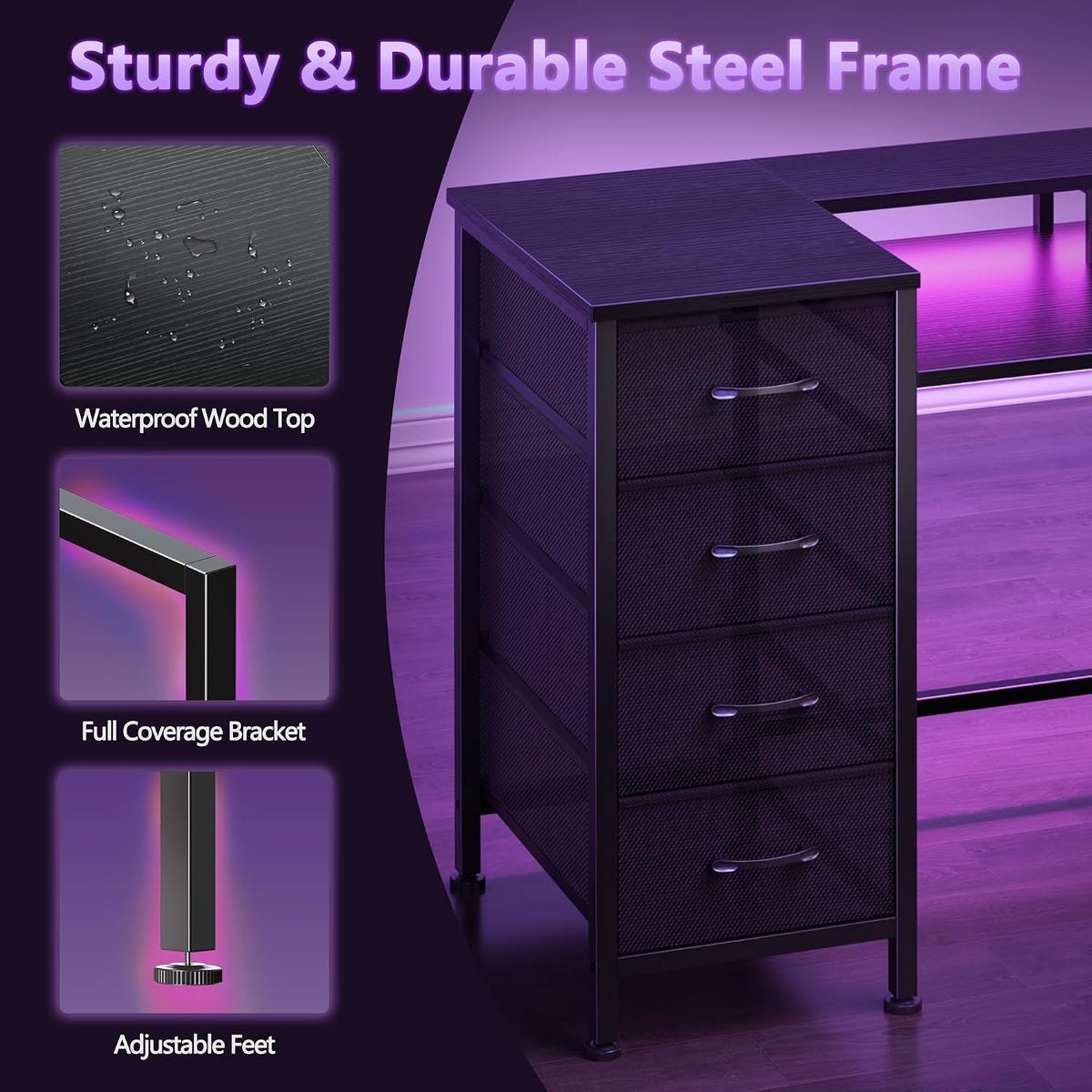 47 Inch Gaming Computer Desk with Power Outlets,LED,5 Drawers,Black