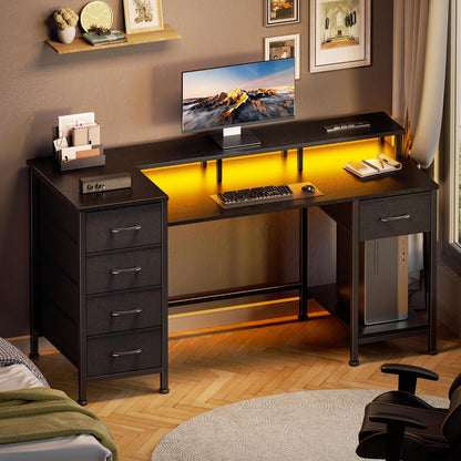 47 Inch Gaming Computer Desk with Power Outlets,LED,5 Drawers,Black