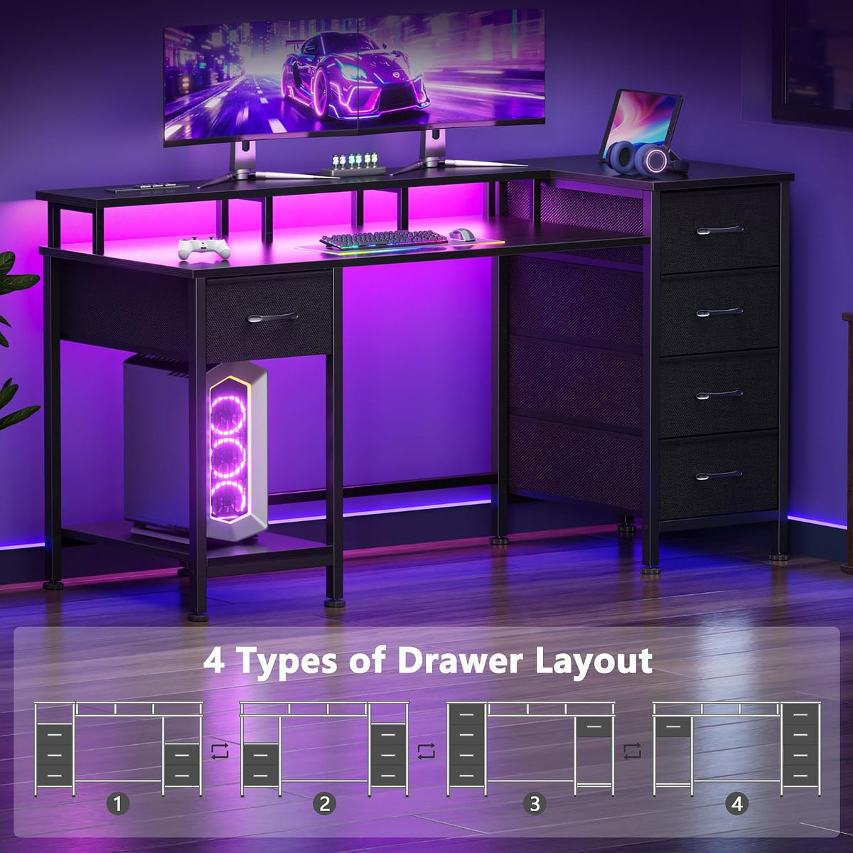 47 Inch Gaming Computer Desk with Power Outlets,LED,5 Drawers,Black