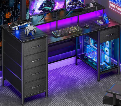 47 Inch Gaming Computer Desk with Power Outlets,LED,5 Drawers,Black