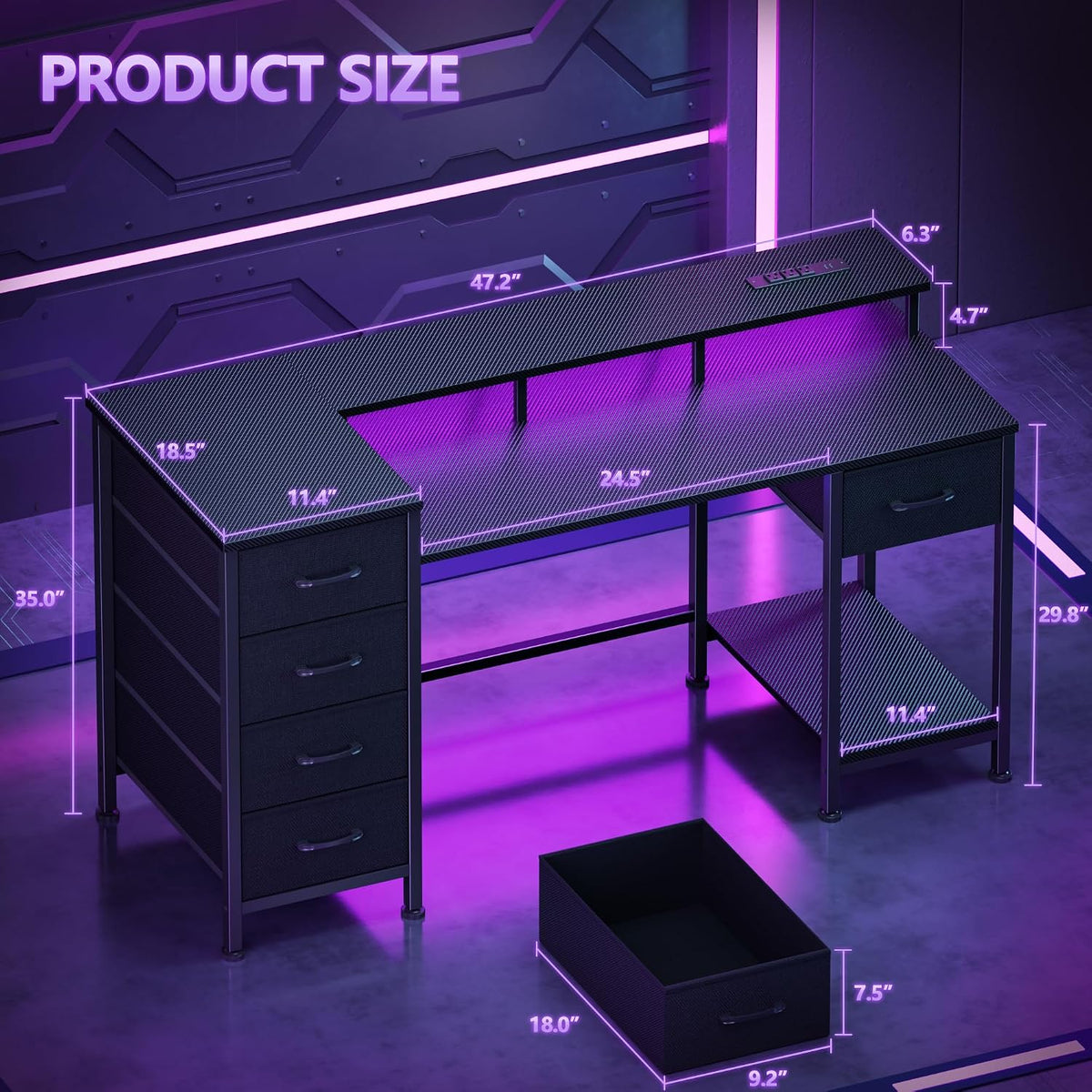 47 Inch Gaming Computer Desk with Power Outlets,LED,5 Drawers,Black