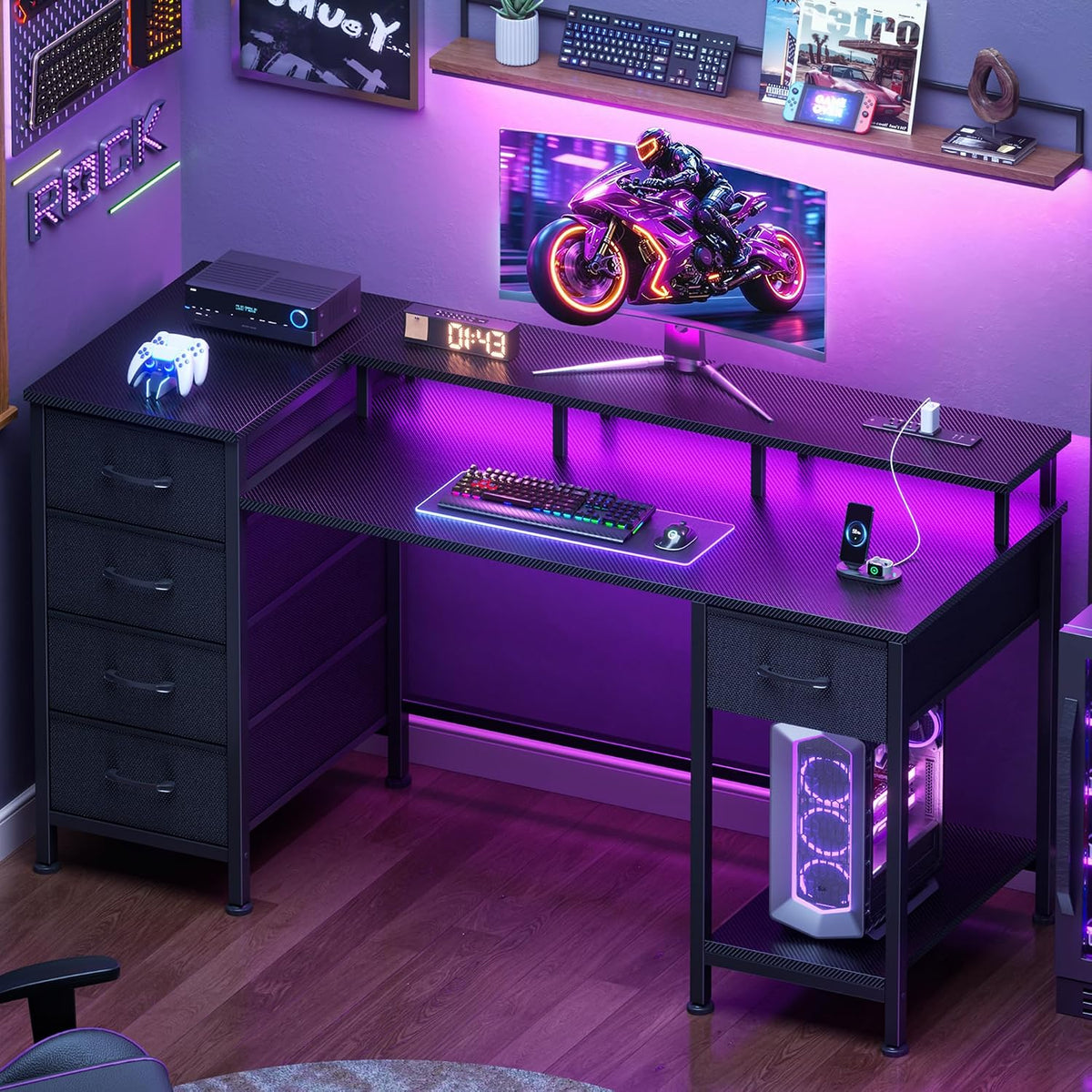 47 Inch Gaming Computer Desk with Power Outlets,LED,5 Drawers,Black