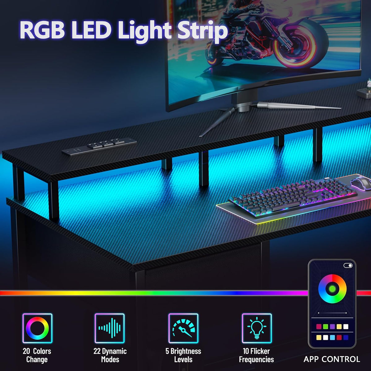 47 Inch Gaming Computer Desk with Power Outlets,LED,5 Drawers,Black