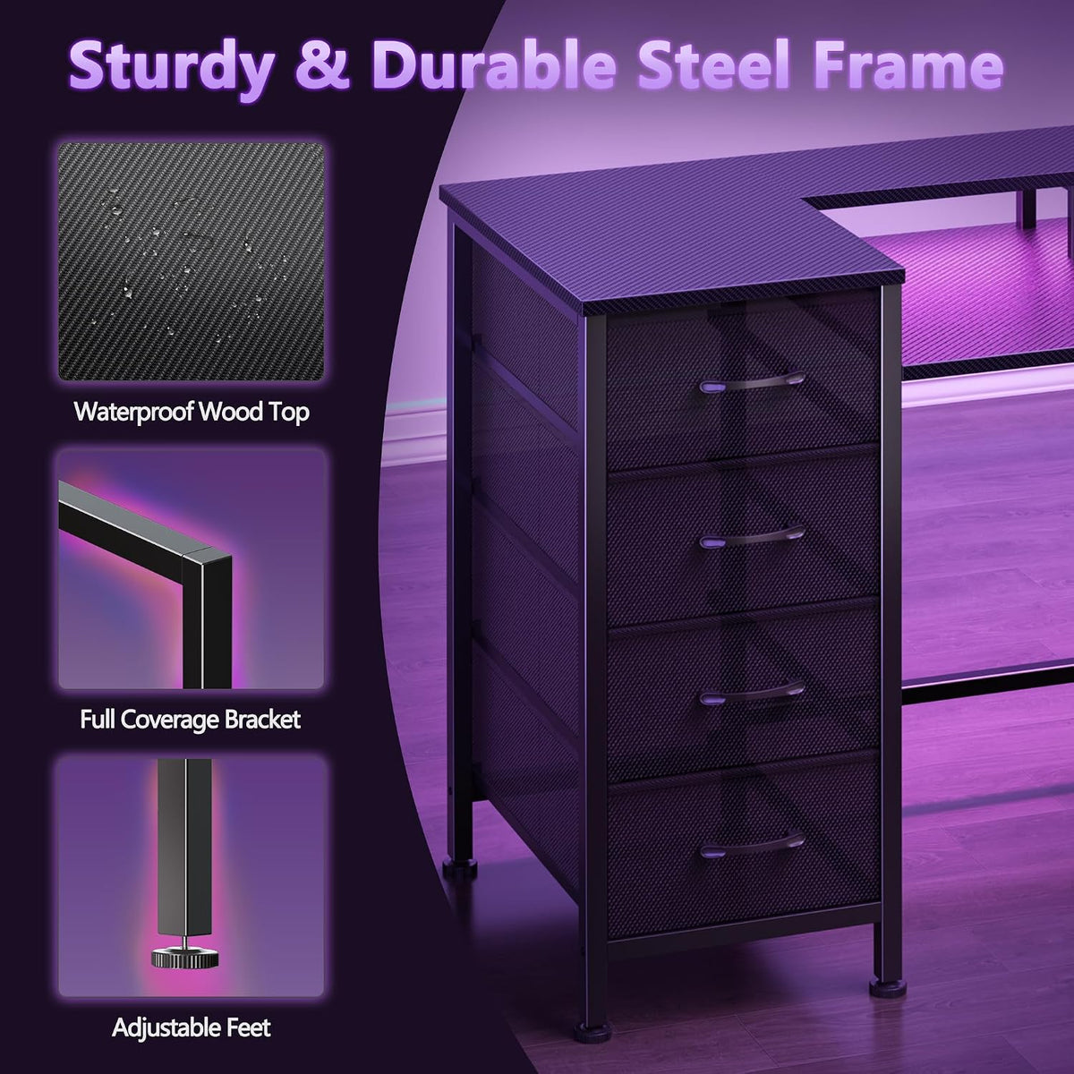 47 Inch Gaming Computer Desk with Power Outlets,LED,5 Drawers,Black
