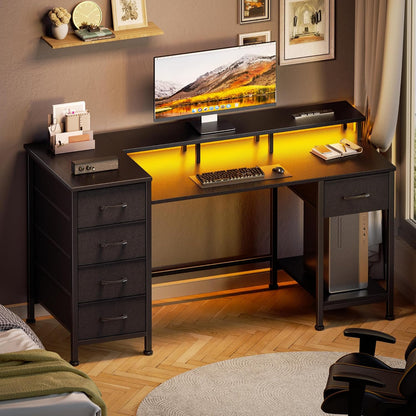 47 Inch Gaming Computer Desk with Power Outlets,LED,5 Drawers,Black