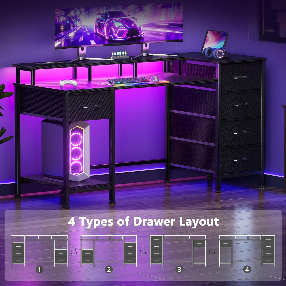47 Inch Gaming Computer Desk with Power Outlets,LED,5 Drawers,Black