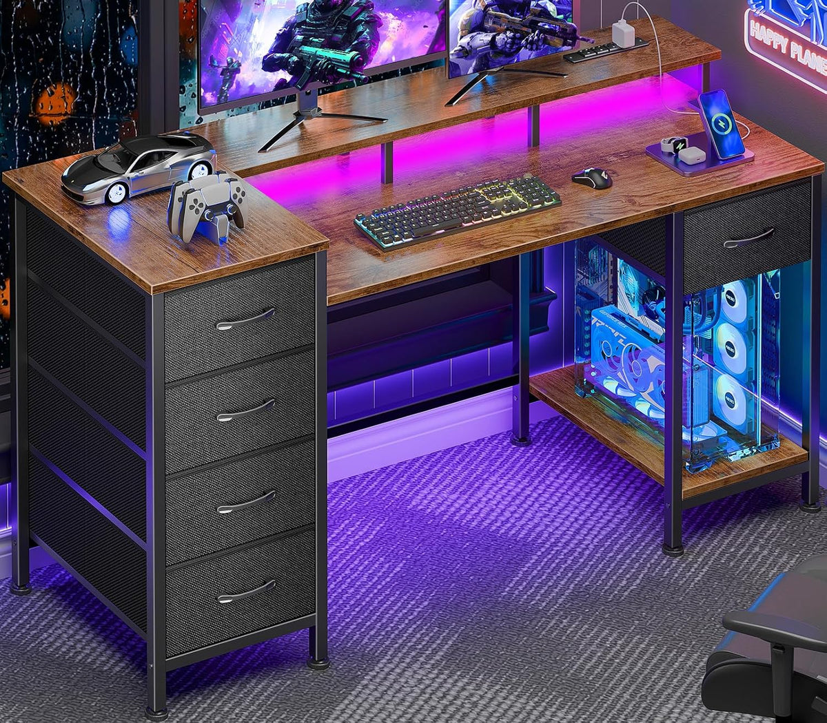 47 Inch Gaming Computer Desk with Power Outlets,LED,5 Drawers,Black