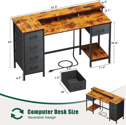 47 Inch Gaming Computer Desk with Power Outlets,LED,5 Drawers,Black