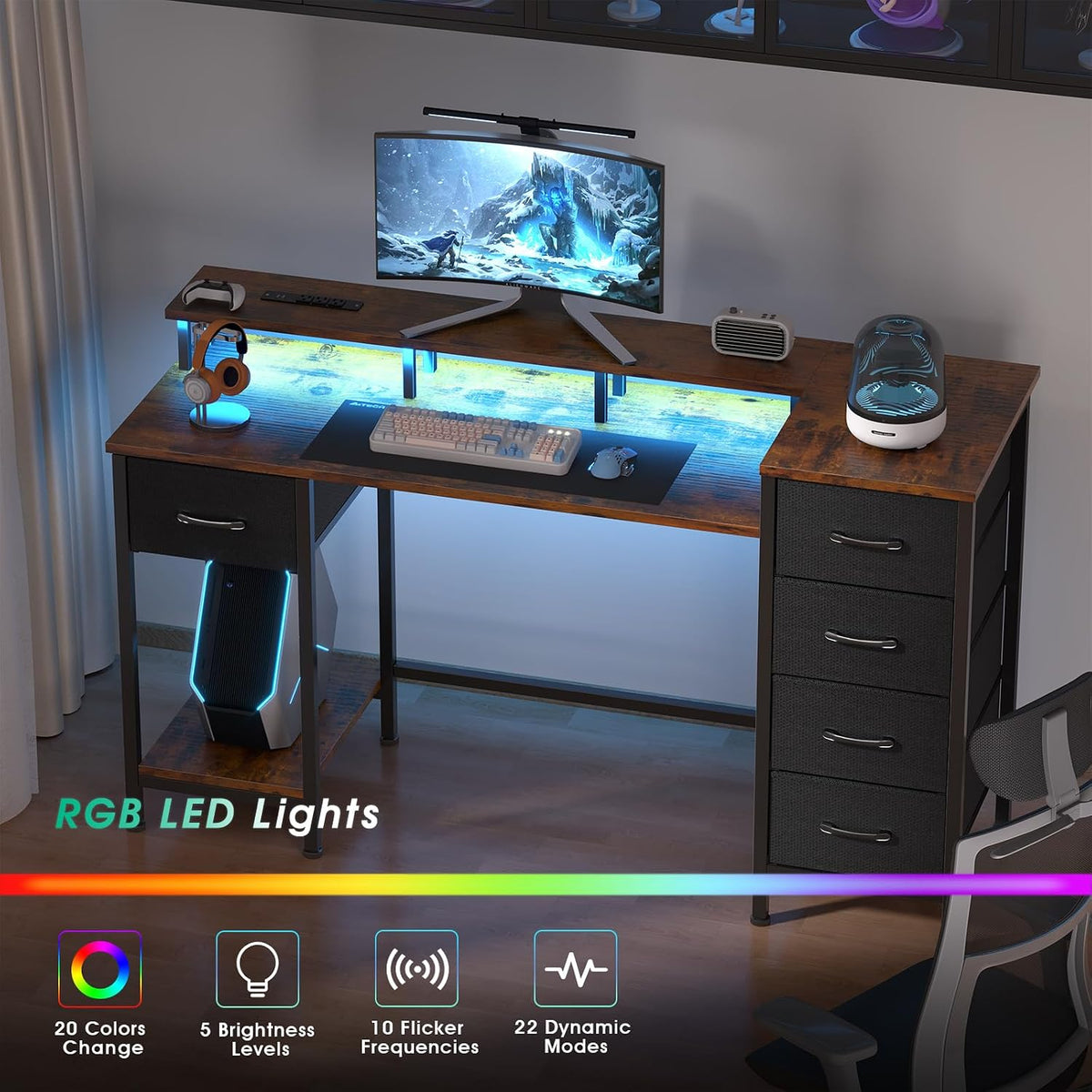 47 Inch Gaming Computer Desk with Power Outlets,LED,5 Drawers,Black