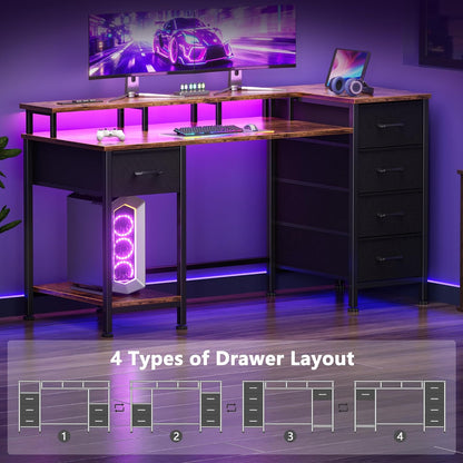 47 Inch Gaming Computer Desk with Power Outlets,LED,5 Drawers,Black
