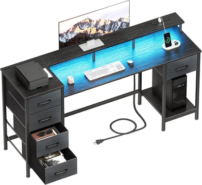 47 Inch Gaming Computer Desk with Power Outlets,LED,5 Drawers,Black