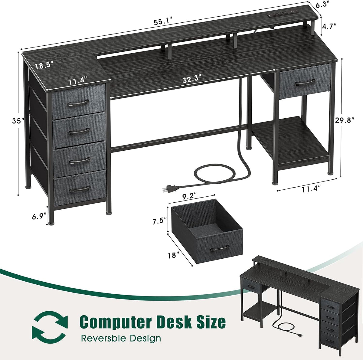 47 Inch Gaming Computer Desk with Power Outlets,LED,5 Drawers,Black