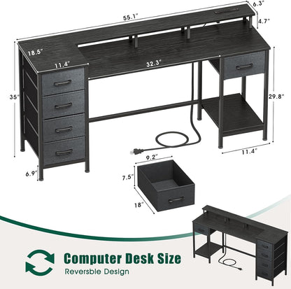 47 Inch Gaming Computer Desk with Power Outlets,LED,5 Drawers,Black