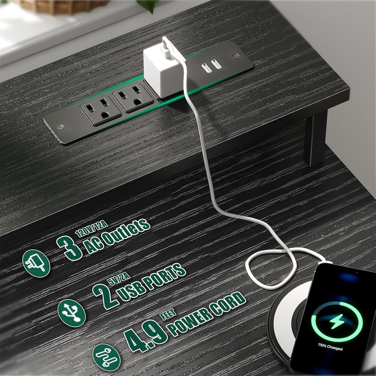 47 Inch Gaming Computer Desk with Power Outlets,LED,5 Drawers,Black