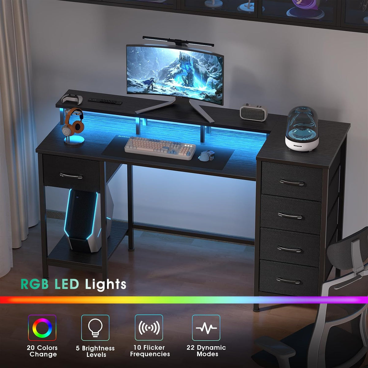 47 Inch Gaming Computer Desk with Power Outlets,LED,5 Drawers,Black