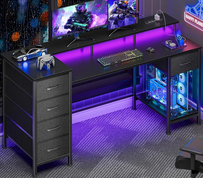 47 Inch Gaming Computer Desk with Power Outlets,LED,5 Drawers,Black