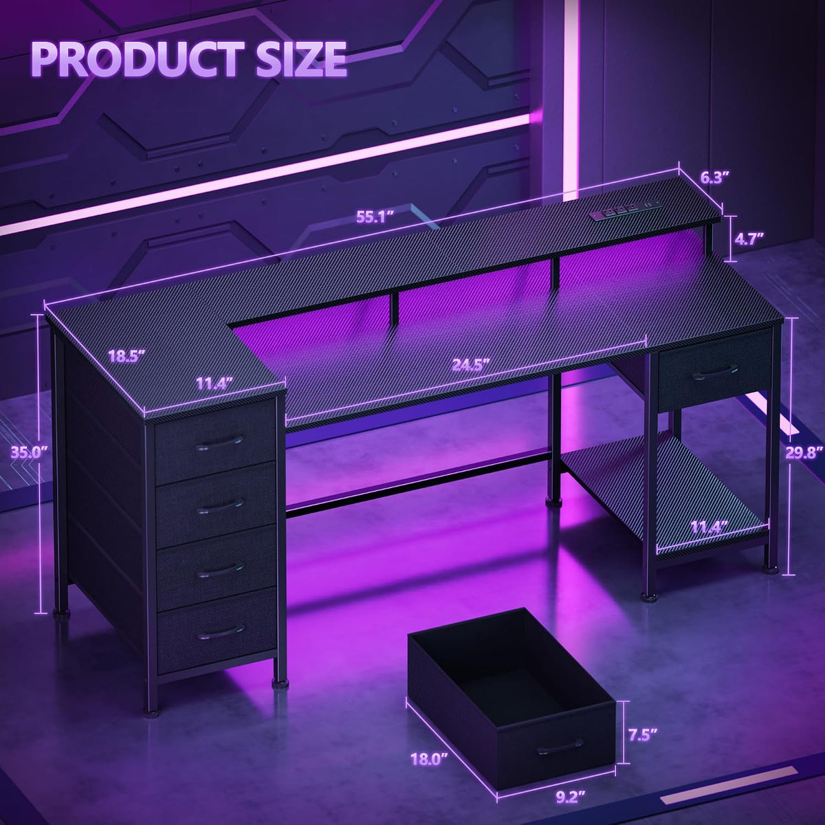 47 Inch Gaming Computer Desk with Power Outlets,LED,5 Drawers,Black