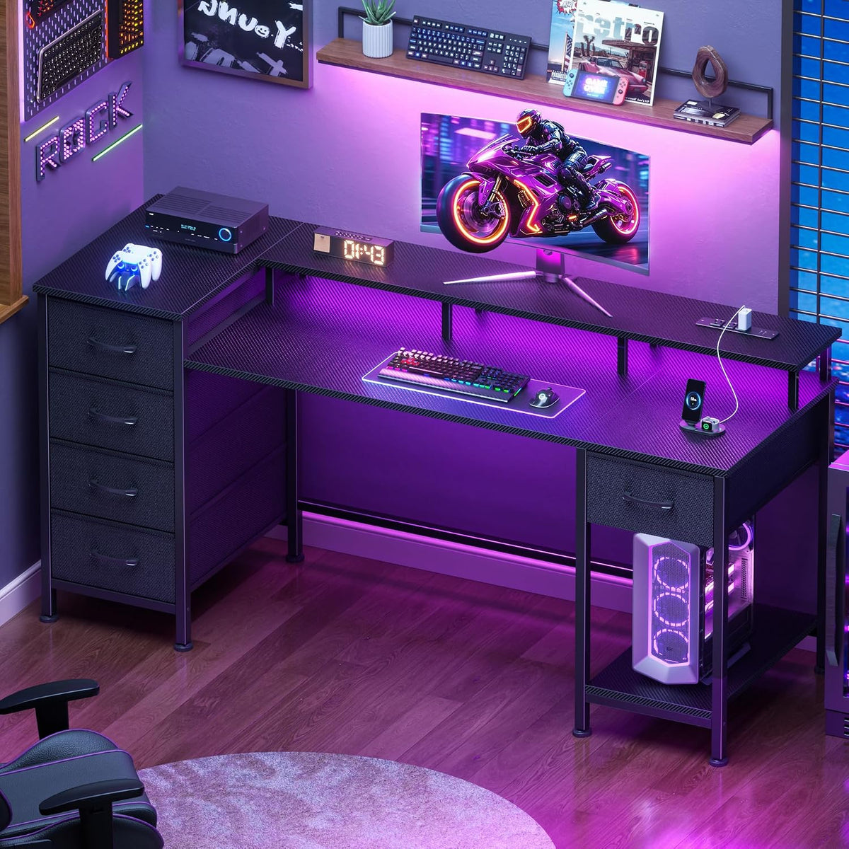 47 Inch Gaming Computer Desk with Power Outlets,LED,5 Drawers,Black