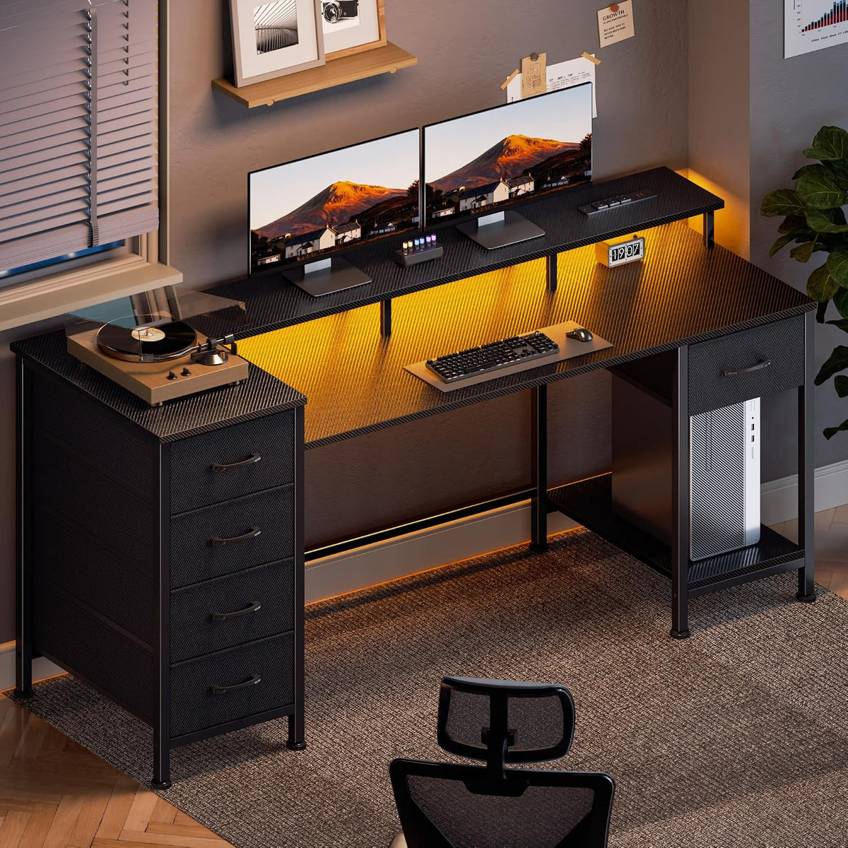 47 Inch Gaming Computer Desk with Power Outlets,LED,5 Drawers,Black