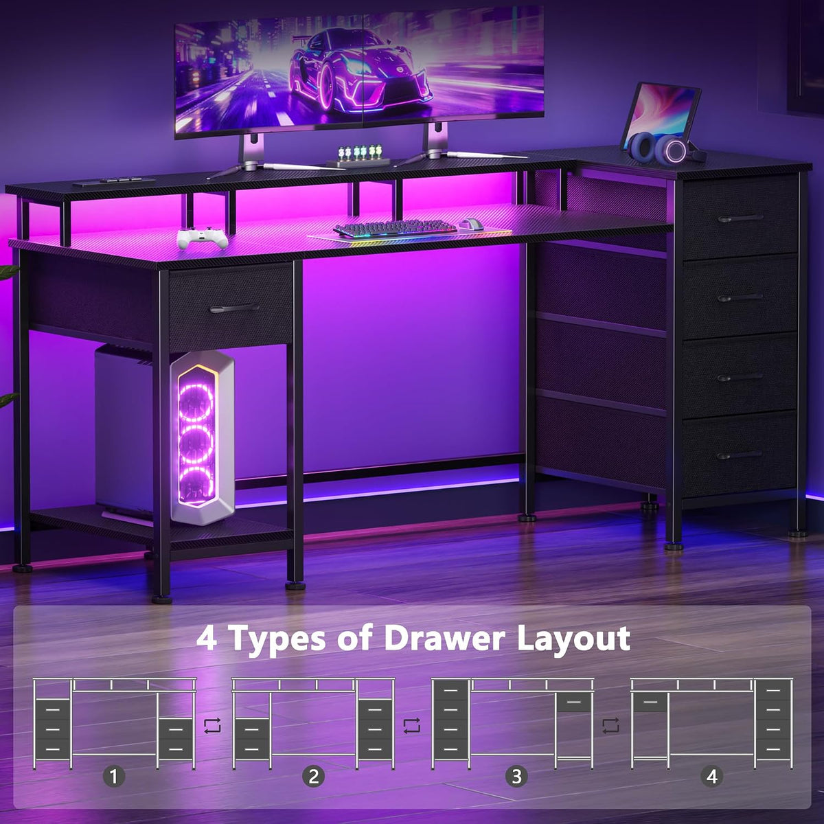 47 Inch Gaming Computer Desk with Power Outlets,LED,5 Drawers,Black