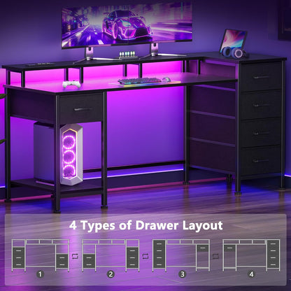 47 Inch Gaming Computer Desk with Power Outlets,LED,5 Drawers,Black