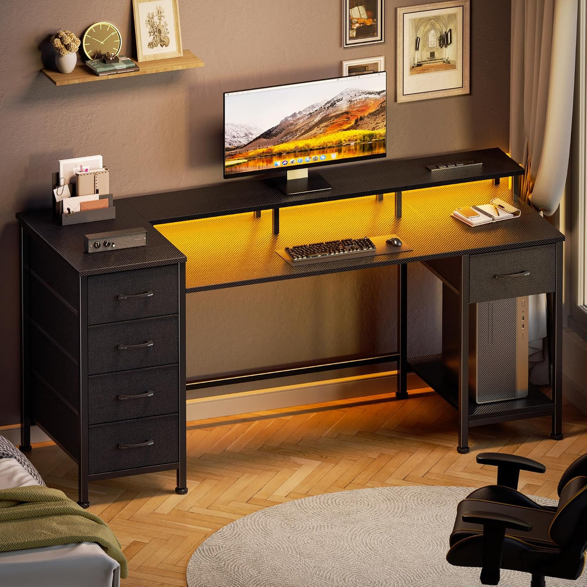 47 Inch Gaming Computer Desk with Power Outlets,LED,5 Drawers,Black