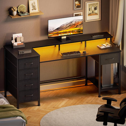 47 Inch Gaming Computer Desk with Power Outlets,LED,5 Drawers,Black