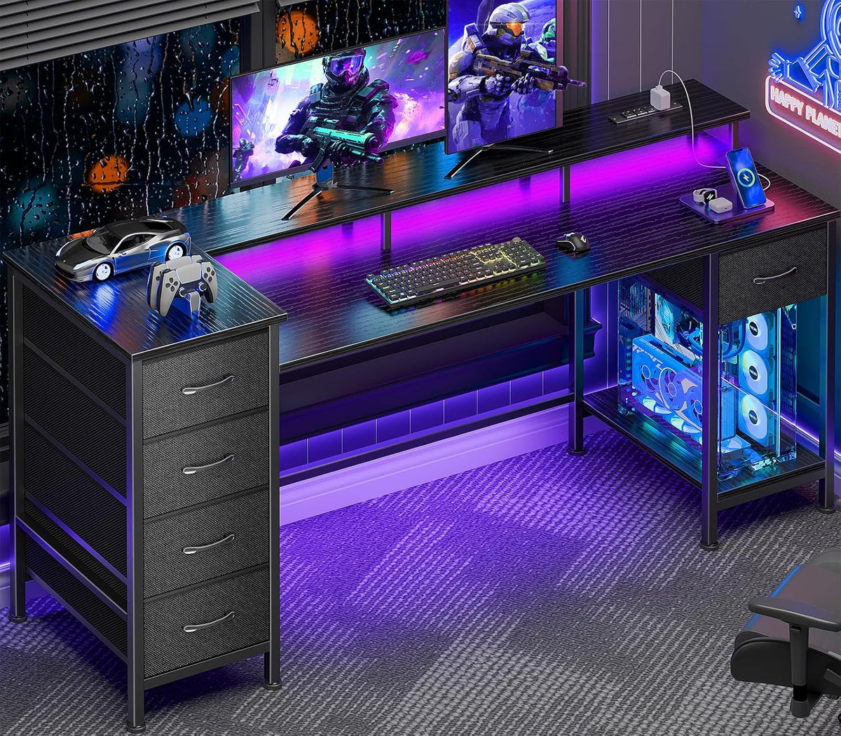 47 Inch Gaming Computer Desk with Power Outlets,LED,5 Drawers,Black