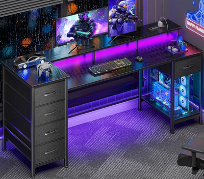 47 Inch Gaming Computer Desk with Power Outlets,LED,5 Drawers,Black