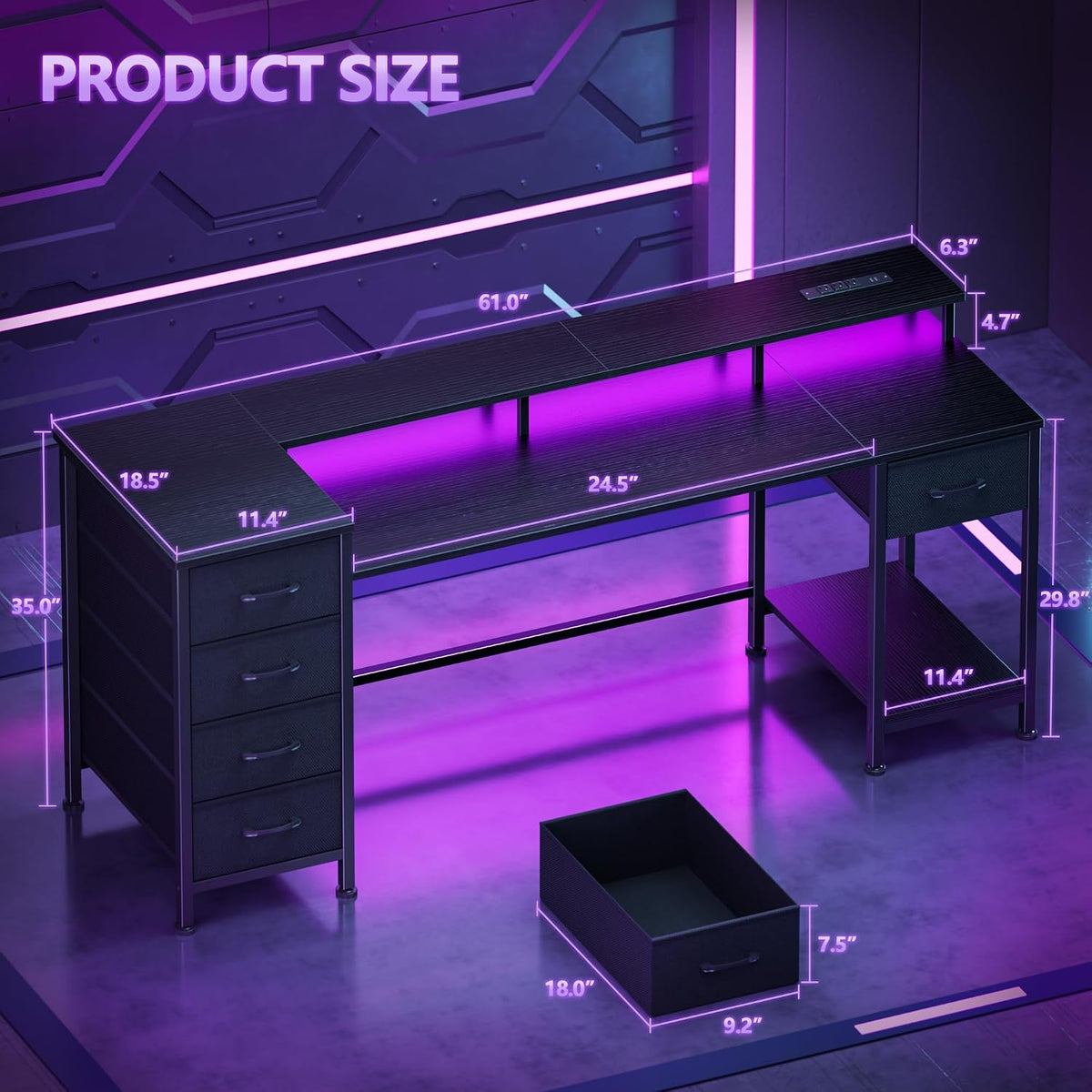 47 Inch Gaming Computer Desk with Power Outlets,LED,5 Drawers,Black