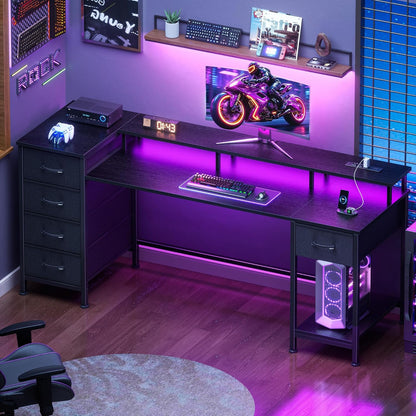 47 Inch Gaming Computer Desk with Power Outlets,LED,5 Drawers,Black